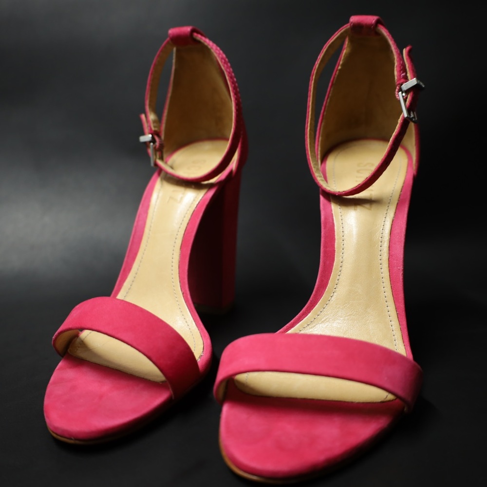 Schutz Jeannine Hot Pink Open Toed Retro Ankle Strap Block Heel
